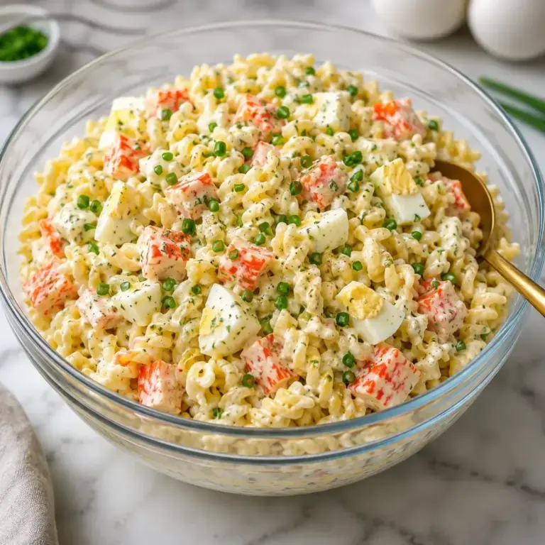 Bunte Nudelsalat mit Surimi, Eiern und cremiger Sauce
